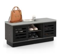 HOMASIS Banc à chaussures avec tiroirs, siège rembourré, coffre avec 3 étagères réglables et 2 portes coulissantes, meuble en bois pour couloir ou entrée, 99,5 x 34,5 x 46