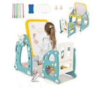 HOMASIS Béquille de Peinture et Chaise pour Enfants - Tableau à Hauteur Réglable, Table Basse Multi-Usages, Peu Encombrant - Avec Stylets et Caoutchouc pour Tableau Noir - Bleu/Jaune