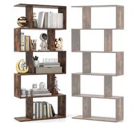 HOMASIS Bibliothèque à 5 Niveaux en Forme de S, Etagère de Rangement Murale en Bois sur Pied avec Design Anti-Basculement, Séparateur de Pièce pour Salon, Chambre, Bureau, 70 x 23,5 x 158 cm (Brun)