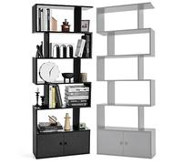 HOMASIS Bibliothèque Murale en Bois à 5 Niveaux, Étagère de Rangement en Forme de S avec Armoire, Séparation sur Pied pour Salon, Cloison pour Chambre, Bureau, 80 x 23 x 191 cm, Noir