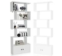 HOMASIS Bibliothèque Murale en Bois à 5 Niveaux, Étagère de Rangement en Forme de S avec Armoire, Séparation sur Pied pour Salon, Cloison pour Chambre, Bureau, 80 x 23 x 191 cm (Blanc)