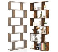 HOMASIS Bibliothèque sur Pied en Bois à 6 Niveaux, Étagère de Rangement Verticale en Forme de S avec Design Anti-Basculement, Étagère de Bureau Bibliothèque pour Salon, Bureau,80 x 23 x 191 cm