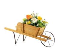 HOMASIS Brouette en bois pour plantes, jardinière extérieure avec roue et 9 accessoires magnétiques, extérieur, balcon, 5 kg, 69,5 x 26 x 29,5 cm