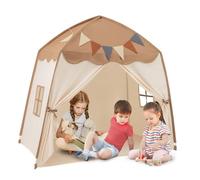 HOMASIS Cabane Enfant Intérieure 3 à 12 Ans, Tente Enfant avec Drapeaux et Guirlandes Lumineuses et d'Extérieur, Tente de Jeu avec Fenêtres, Tente de Lit pour Décoration, Lavable en Machin (Brun)