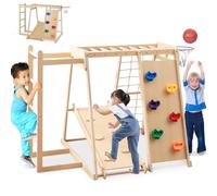 HOMASIS Cadre d'escalade d'Intérieur 6 en 1, avec Toboggan Double Face, Filet d'escalade, Échelle d'escalade, Panier de Basket, Rochers d'escalade et Barres de Singes, pour 3-14 Ans (Naturel)