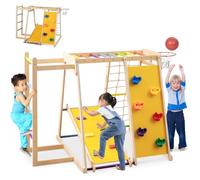 HOMASIS Cadre d'escalade d'Intérieur 6 en 1, avec Toboggan Double Face, Filet d'escalade, Échelle d'escalade, Panier de Basket, Rochers d'escalade et Barres de Singes, pour 3-14 Ans (Multicolore)