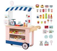 HOMASIS Chariot à Collations en Bois pour Enfants, Stand de Supermarché avec Caisse Enregistreuse, Chariot Educatif avec Auvent, Jeu d'Imitation avec 30 Accessoires pour Enfant 3 Ans+ (Rose)