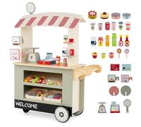 HOMASIS Chariot à Collations en Bois pour Enfants, Stand de Supermarché avec Caisse Enregistreuse, Chariot Educatif avec Auvent, Jeu d'Imitation avec 30 Accessoires pour Enfant 3 Ans+ (Vert)