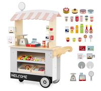 HOMASIS Chariot à Collations en Bois pour Enfants, Stand de Supermarché avec Caisse Enregistreuse, Chariot Educatif avec Auvent, Jeu d'Imitation avec 30 Accessoires pour Enfant 3 Ans+ (Gris)