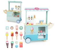 HOMASIS Chariot à glace en bois pour enfants avec 15 accessoires, magasin de vente avec 6 jouets de crème glacée, machine à glace, distributeur automatique, caisse & scanner, glacier avec roues (Vert)