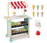 HOMASIS Chariot à Glace pour Enfants avec Accessoires, Magasin de 6 Jouets, Crème Glacée, Roues Mobiles et Auvent, Chariot de Courses en Bois, Maison de Poupée, Kit de Jeu pour 3 Ans et+ (Rouge)