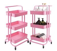 HOMASIS Chariot de Rangement à 3 Niveaux sur roulettes Universelles, Organisateur d'étagères de Rangement Mobile avec 2 Frein pour Cuisine, Salon, Salle de Bain, Support 20kg par Panier (Rose)