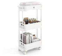 HOMASIS Chariot de service avec 3 étagères amovibles, chariot multifonction avec roues verrouillables, chariot de rangement en aluminium avec couvercle pour salon, cuisine et bureau, 46 x 21 x 82 cm,