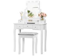 HOMASIS Coiffeuse avec miroir rotatif à 360° et tabouret rembourré, table de maquillage avec 10 LED à intensité variable, kit de coiffure avec 5 tiroirs et 3 compartiments, table de maquillage, bureau