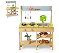 HOMASIS Cuisine de jardin pour enfants à partir de 3 ans avec évier, cuisinière à évier, cuisine de jeu en bois, avec 3 crochets et étagères, cuisine de jardin pour enfants à partir de 3 ans, couleur