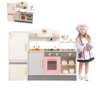 HOMASIS Cuisine de jeu avec 16 accessoires, Cuisine en bois pour enfants, Cuisine de jeu avec toque de cuisinier Evier Cuisinière Four Réfrigérateur Grill BBQ, Cuisine en bois avec son, Cuisine de jeu