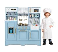 HOMASIS Cuisine de Juguete Infantil, Cuisine Réalisteen en Bois avec Estufas, Grifo, Campana Extractora, Horno Microondas, Fregadero, Reloj, Cafetera, pour Enfants de 3 Ans+