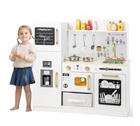 HOMASIS Cuisine en Bois pour Enfants avec Micro-Ondes éclairé | Cuisinette enfant avec cuisinière, four, évier, machine à glaçons, tableau acrylique, 8 accessoires et paniers