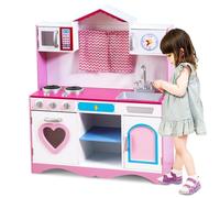 HOMASIS Cuisine en Bois Rose pour Enfants avec évier, Four et Micro-Ondes, Jouet éducatif 3+ Ans, Cœur Rose