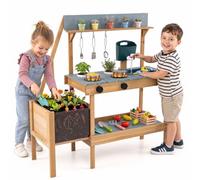 HOMASIS Cuisine Extérieure avec Jardinière Transparente & Étagères, Bleu | Jeux de Cuisine Boue en Bois avec Réservoir d'Eau, Évier, Pots de Fleurs, Ustensiles, Jouet Montessori pour Enfant 3+ Ans