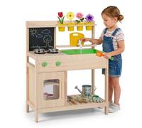 HOMASIS Cuisine Extérieure Enfant, Cuisine de Boue en Bois avec 4 Pots de Fleurs, Tableau Noir, Réservoir d'eau, Évier, Robinet, Placard, Étagère de Rangement, Jouet de Simulation pour 3 Ans+