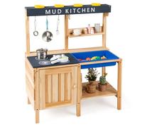 HOMASIS Cuisine jouet en bois, cuisine extérieure en argile avec set de 4 pièces pour casseroles, 3 crochets, évier et 2 étagères, cuisine extérieure pour enfants de 3 ans et plus, 80 x 40 x 94 cm