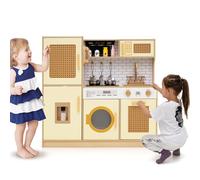 HOMASIS Cuisine Jouet pour Enfants en Bois avec Lumières et Sons, Set de Cuisine pour Fille avec 5 Ustensiles, Téléphone, Four, Machine à Café, Cuisine pour Enfants de 3 Ans + (Jaune)