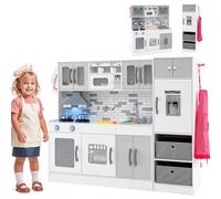 HOMASIS Cuisine pour Enfant avec Réfrigérateur et 2 Paniers en Tissu, Cuisine de Jeu avec Lumière Et Son, 22 Accessoires, Cuisine en Bois avec Évier, Cuisinière, Four, Machine À Glace (Gris)