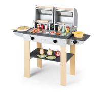 HOMASIS Cusine Enfants, Jouet BBQ Grill Barbecue en Bois avec 2 Grilles et Couvercles à Loquet, Fenêtres Transparentes, Boutons Rotatifs, Accessoires&Rangement, Jouet d’Imitation pour Enfants 3 Ans+