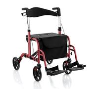 HOMASIS Déambulateur pour personnes âgées avec siège, cadre de marche pour adultes en aluminium, 136 kg, 6 niveaux de réglage, support de canne/parapluie, support de canne pliable (rouge)