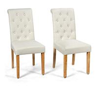 HOMASIS Ensemble de 2 chaises de Salle à Manger avec Boutons, Chaise rembourrée avec Dossier Haut, Pieds en Bois et Tissu en Lin Respirant pour Salle à Manger ou Cuisine (Beige)