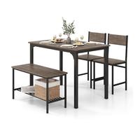 HOMASIS Ensemble de table de salle à manger 4 pièces avec 2 chaises et 1 banc, ensemble de salle à manger industriel avec structure en métal et étagère de rangement, ensemble de table de bar pour
