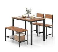 HOMASIS Ensemble de table de salle à manger 4 pièces, avec 2 chaises et 1 banc, industriel avec structure en métal et étagère de rangement, pour petites réunions jusqu'à 4 personnes
