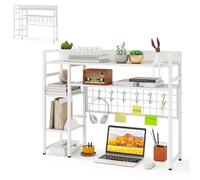 HOMASIS Étagère de Bureau à 4 Niveaux avec 6 Crochets et Grille, Etagère de Table en Bois et Métal, Organiseur de Bureau pour Ecrans avec Dispositif Anti-Basculement, 94 x 25 x 74 cm (Blanc)