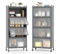 HOMASIS Étagère de Rangement à 5 Niveaux avec 4 roulettes Universelles, Organisateur avec Portes en PC Rabattables et Dispositif Anti-basculement, Meuble Rangement Mobile pour Salon Chambre (Gris)