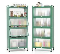 HOMASIS Étagère de Rangement à 5 Niveaux avec 4 roulettes Universelles, Organisateur avec Portes en PC Rabattables et Dispositif Anti-basculement, Meuble Rangement Mobile pour Salon Chambre (Vert)