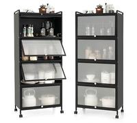 HOMASIS Étagère de Rangement à 5 Niveaux avec 4 roulettes Universelles, Organisateur avec Portes en PC Rabattables et Dispositif Anti-basculement, Meuble Rangement Mobile pour Salon Chambre Bureau