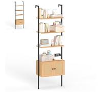 HOMASIS Étagère échelle à 5 niveaux en rotin - Étagère murale avec cadre en métal - Étagère murale - Étagère de bureau ouverte avec protection anti-basculement - Étagère de rangement pour salon