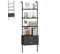 HOMASIS Étagère échelle avec 6 niveaux & 2 tiroirs, 184 cm Étagère murale avec cadre métallique, bibliothèque murale, étagère ouverte sur pied Étagère de bureau avec protection anti-basculement (noir)
