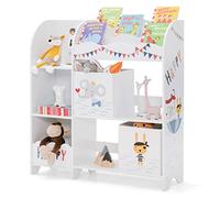 HOMASIS Étagère pour enfant à 3 étages, sur pied, pour jouets, livres, organisateur de jouets, avec 5 compartiments et 2 boîtes de rangement (animaux pirates)