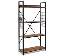 HOMASIS Étagère sur pied à 4 niveaux, étagère de bureau avec cadre en acier, étagère de rangement avec grille et crochets, étagère industrielle, pour salon, bureau, marron vintage