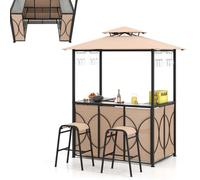 HOMASIS Gazebo pour Barbecue avec Banc de Bar et 2 Tabourets, Tonnelle Extérieure Résistante avec Double Toit, Pergola Résistante à la Pluie et au Feu (Marron, 194 x 121 x 242 cm)