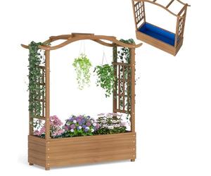 HOMASIS Jardinière avec 2 Grilles et Toit, jardinière avec Treillis en Bois, Lit Surélevé de Jardin avec Revêtement et Trous de Drainage pour Plantes Grimpantes, 110 x 40 x 124 cm, Marron