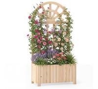 HOMASIS Jardinière avec Treillis en Bois, Carré Potager Jardinière Brise-Vue avec Trou Drainage, Lit Surélevé de Jardin, pour Plante Grimpante Vigne, Intérieur et Extérieur (Naturel, 61 x 30 x 121 cm)