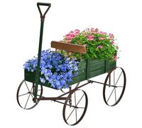 HOMASIS Jardinière en bois pour plantes, brouette avec roues en métal et 2 compartiments, pot en forme de monocycle décoratif pour jardin, terrasse, patio, 63 x 35 x 62,5 cm (vert)