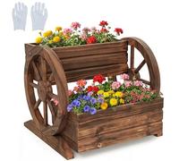 HOMASIS Jardinière Surélevée à 2/3 Niveaux en Bois, Bacs à Fleurs en Forme de Chariot avec roulettes, Trous de Drainage et Gants, pour Jardin, Balcon, Terrasse, Marron (46 x 44 x 35 cm)