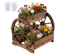 HOMASIS Jardinière Surélevée à 2/3 Niveaux en Bois, Bacs à Fleurs en Forme de Chariot avec roulettes, Trous de Drainage et Gants, pour Jardin, Balcon, Terrasse, Marron (61,5 x 55 x 59 cm)