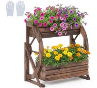 HOMASIS Jardinière Surélevée à 2/3 Niveaux en Bois, Bacs à Fleurs en Forme de Chariot avec roulettes, Trous de Drainage et Gants, pour Jardin, Balcon, Terrasse, Marron (56 x 33 x 56,5 cm)