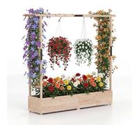 HOMASIS Jardinière Surélevée avec 2 Treillis et Toit Plat, Jardiniere Exterieur Grande Taille en Bois avec Trou Drainage pour Plante Grimpante, Lit de Jardin sur Pieds pour Légumes Fleurs (Naturel)