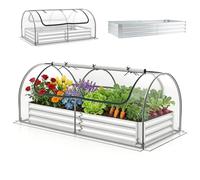HOMASIS Jardinière Surélevée avec Bâche Transperant, Bac à Fleurs avec Base Ouverte, 2 Portes Zippées Enroulables, Mini Serre Tunnel pour Balcon, Jardin, Terrasse, Argent + Vert (202 x 101 x 81 CM)